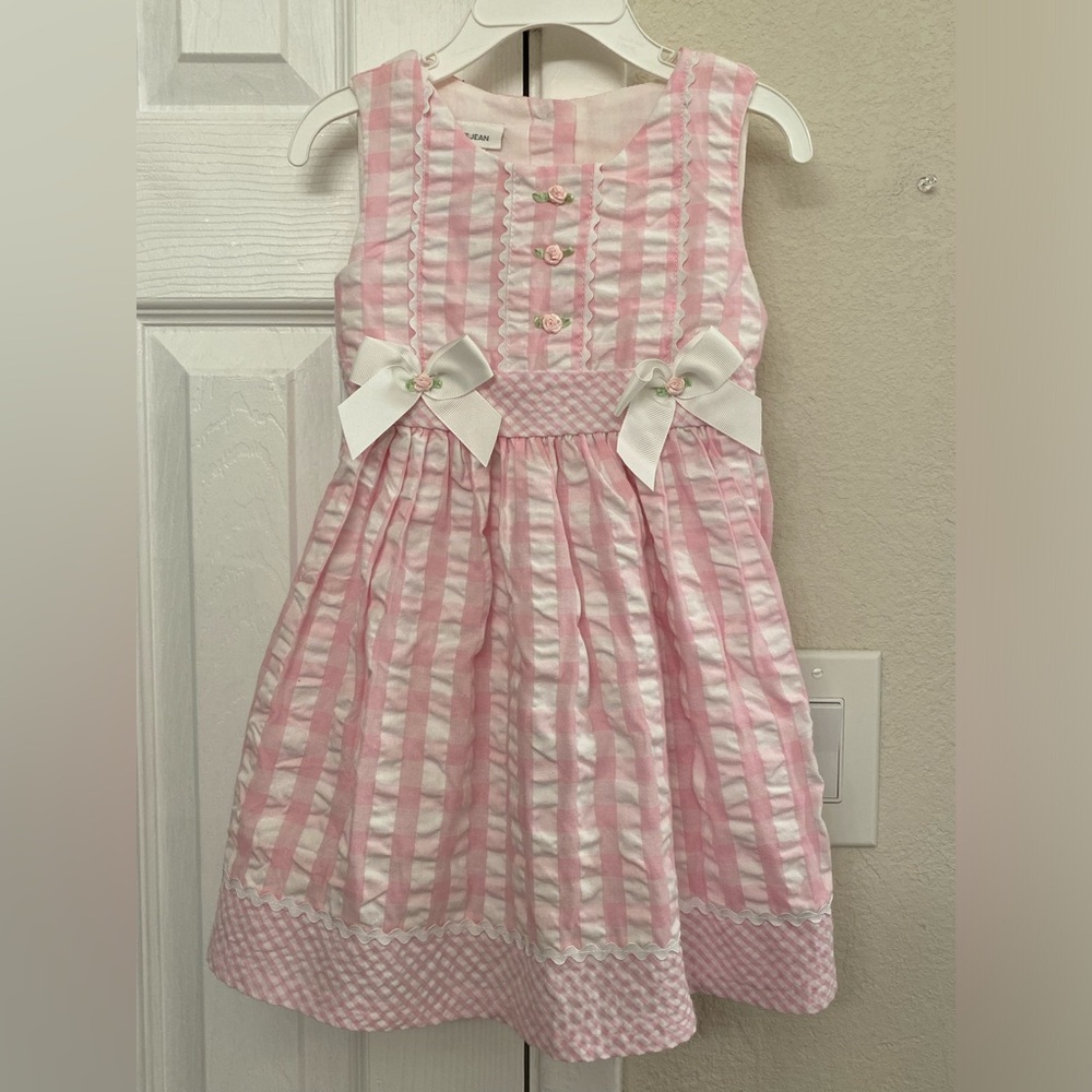 Bonnie Jean Size 3T girls sleeveless dress light pink/white check with bows NWT